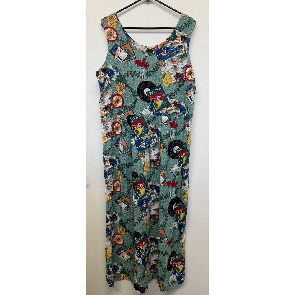 Reyn Spooner Mele Kalikimaka Hawaiian Christmas Maxi Dress Green Rayon Large
